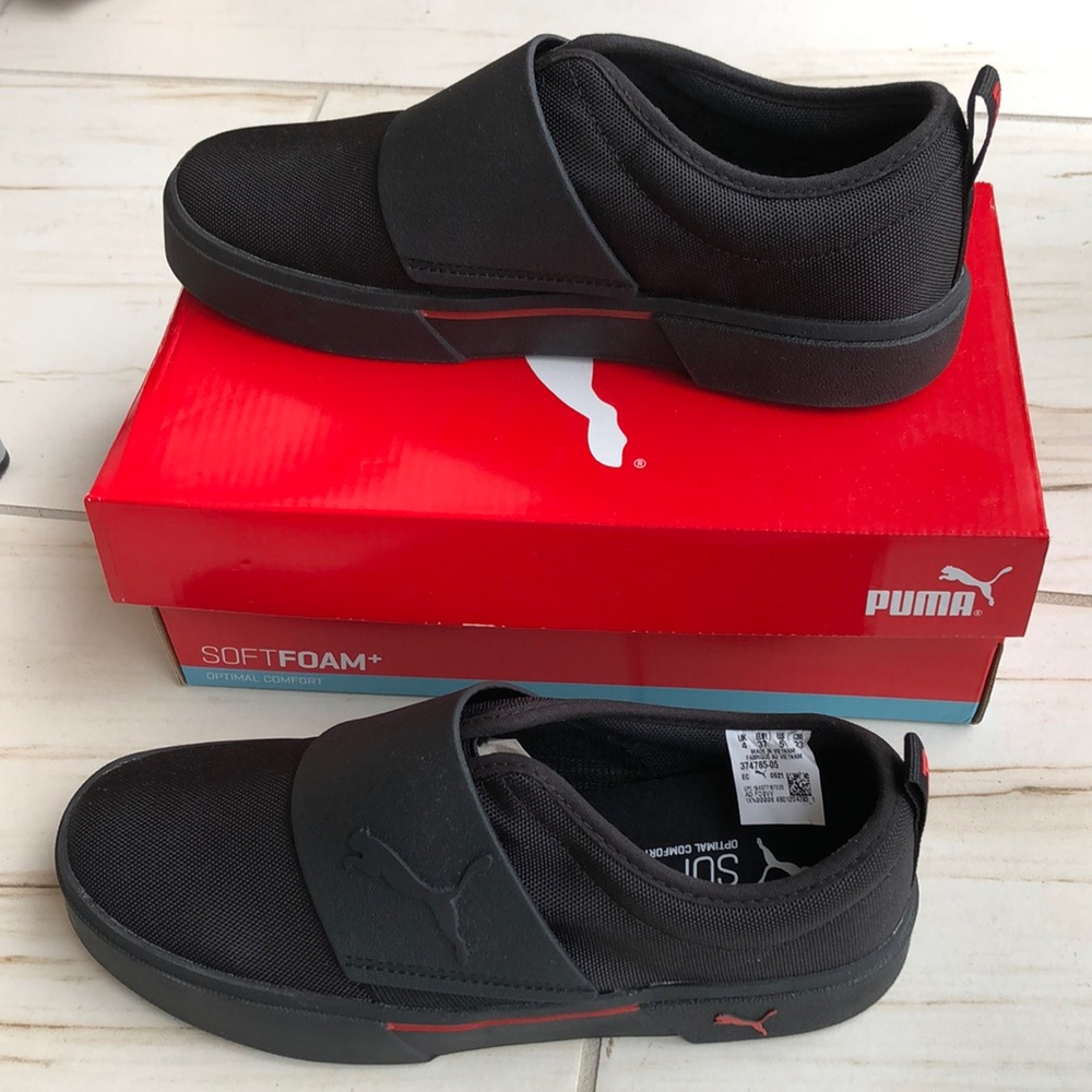 Puma El Rey II slip on black sneakers with red details, mens size 5, women’s 6.5